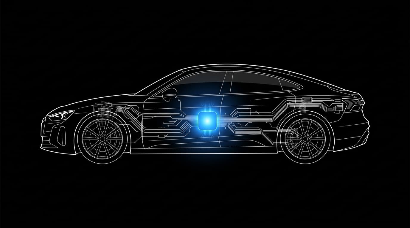 A car rendered in white outline with a glowing blue chip at its core and wiring through the chassis