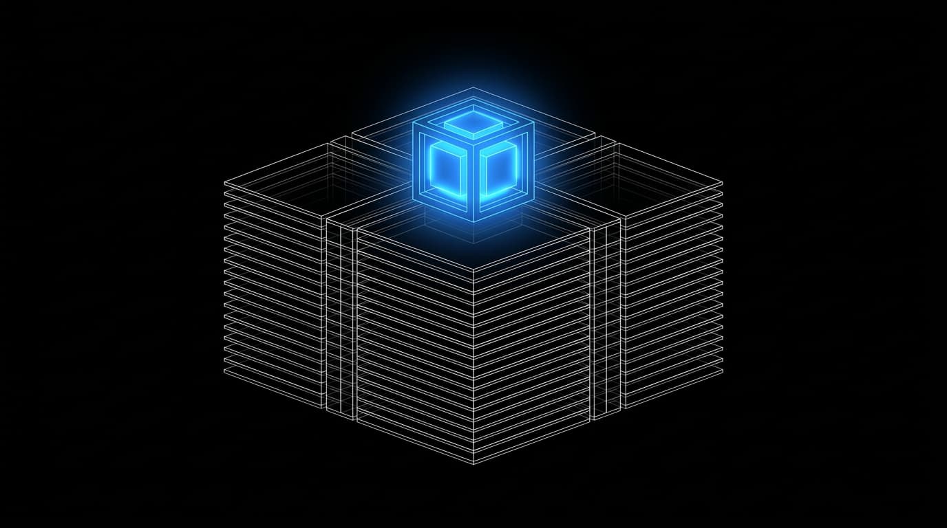 Stacked translucent layers forming a foundation with a single glowing blue core on top